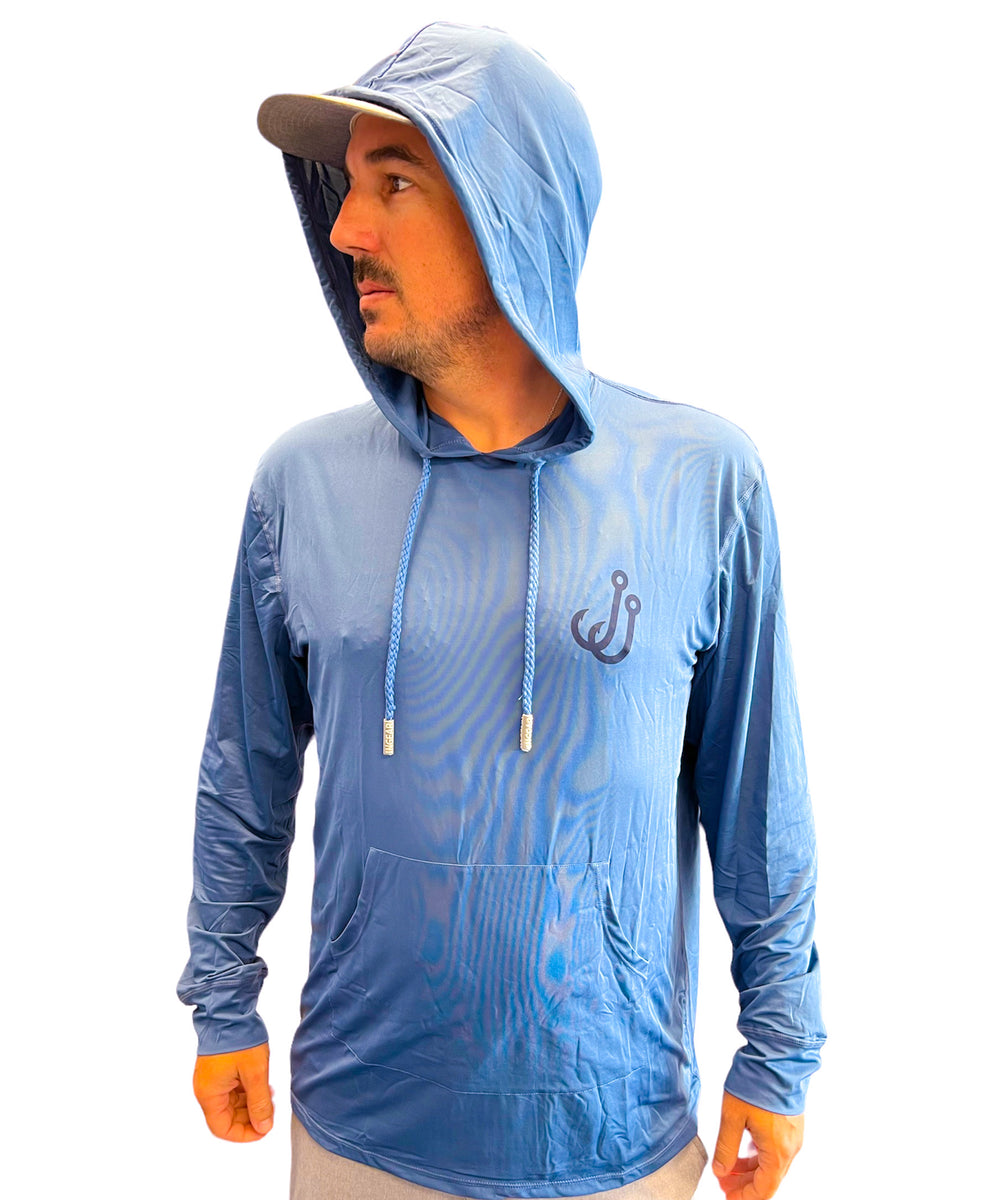 JohnnyJigs L/S UV Hooded Fishing Shirt, Blue w/ Black Logo / Large