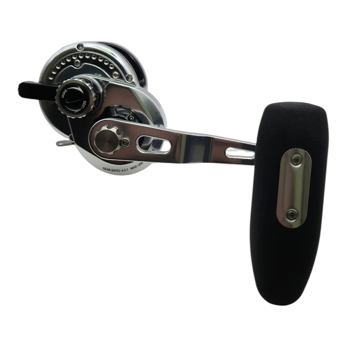 Side view of the Johnny Jigs Elite 15H lever drag reel showing its aluminum frame and spool