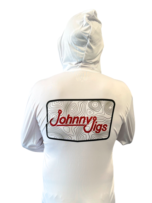 JohnnyJigs L/S UV Hooded Fishing Shirt, White w/ Red Logo / XXL