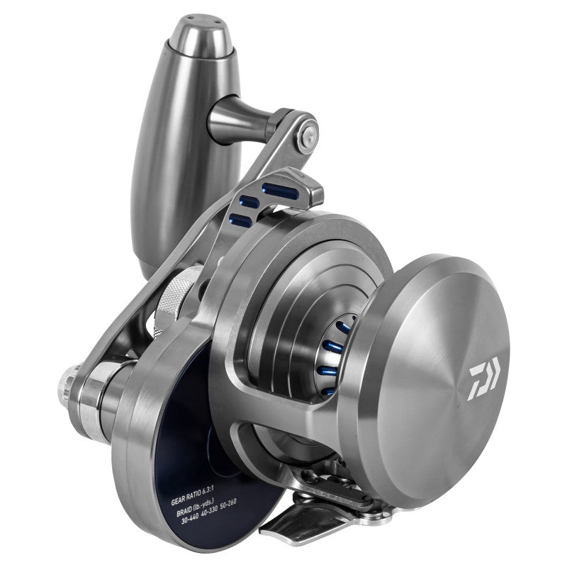 A close up on the Daiwa Saltiga Lever Drag Two Speed Reels 