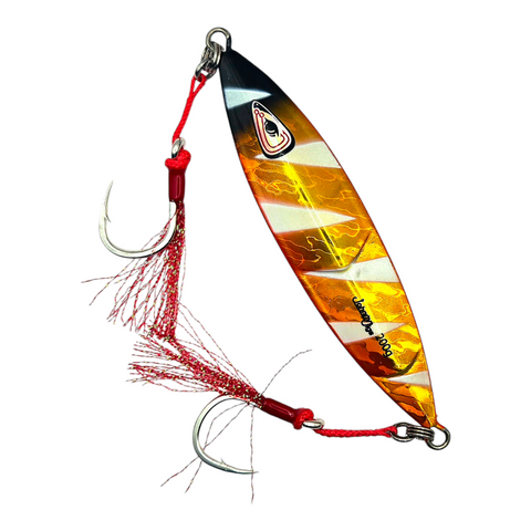 Ridged Slow Pitch Jig Gold Red With Glow and single assist hooks