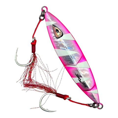 Ridged Pink Slow Pitch Jig with glow and single assist hooks