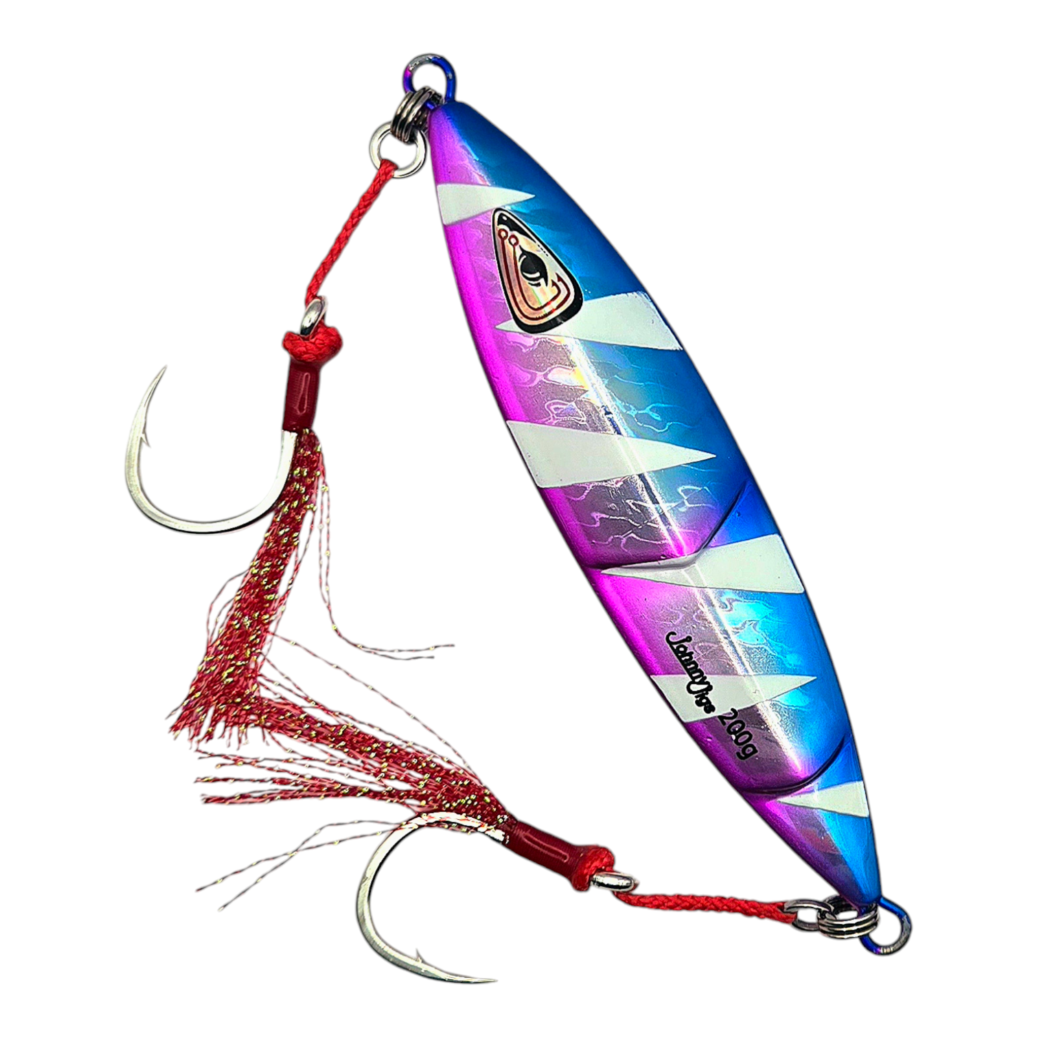 Ridged Pink and Blue Slow Pitch Jig with Glow and Single Assist Hooks