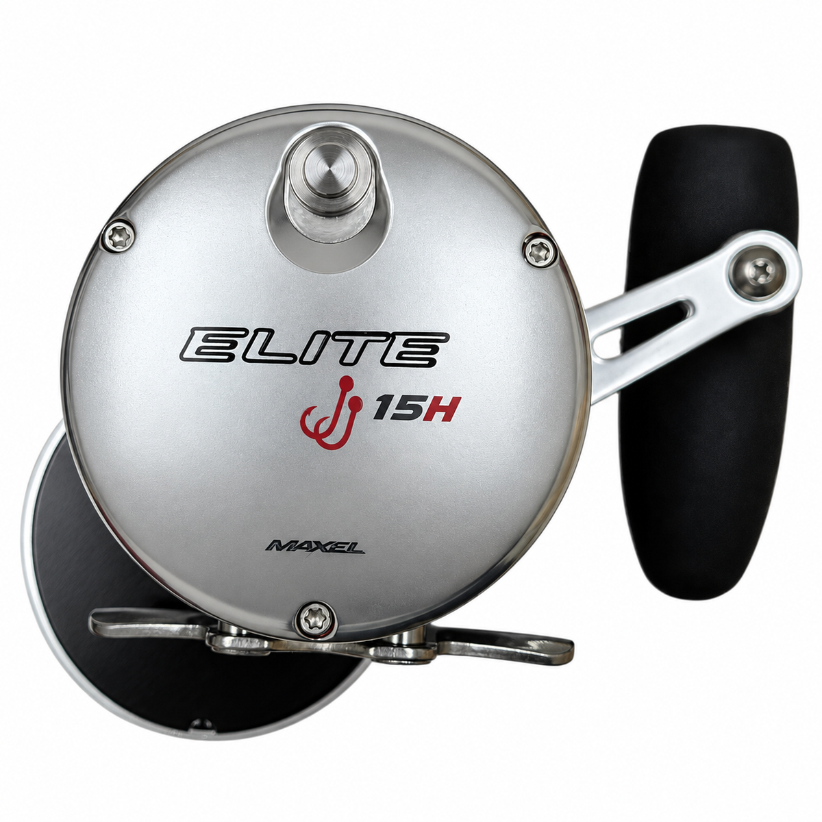 Close view of the Johnny Jigs Elite 15H reel's drag lever and 6.5:1 gear ratio marking with the T-bar handle