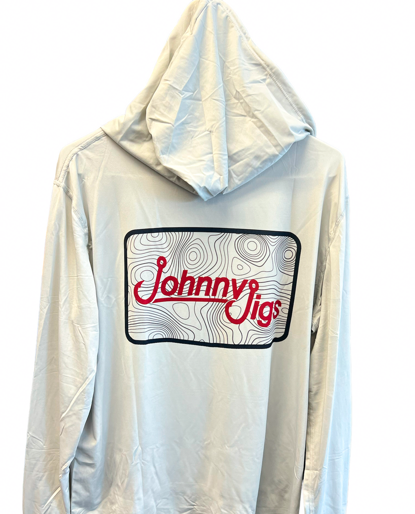JohnnyJigs L/S UV Hooded Fishing Shirt, Light Grey w/ Red Logo / Small