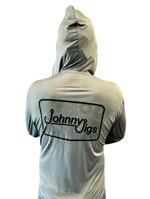 JohnnyJigs L/S UV Hooded Fishing Shirt, Grey w/ Black Logo / XXL